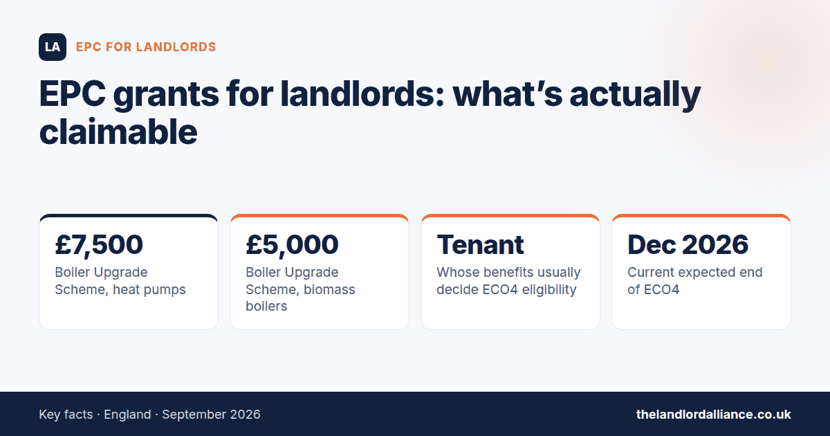 EPC grants for landlords: what's actually claimable — key facts: £7,500 boiler Upgrade Scheme, heat pumps; £5,000 boiler Upgrade Scheme, biomass boilers; Tenant whose benefits usually decide ECO4 eligibility; Dec 2026 current expected…