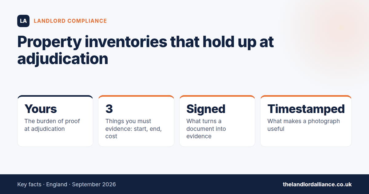 Property inventories that hold up at adjudication — key facts: Yours the burden of proof at adjudication; 3 things you must evidence: start, end, cost; Signed what turns a document into evidence; Timestamped what makes a photograph useful