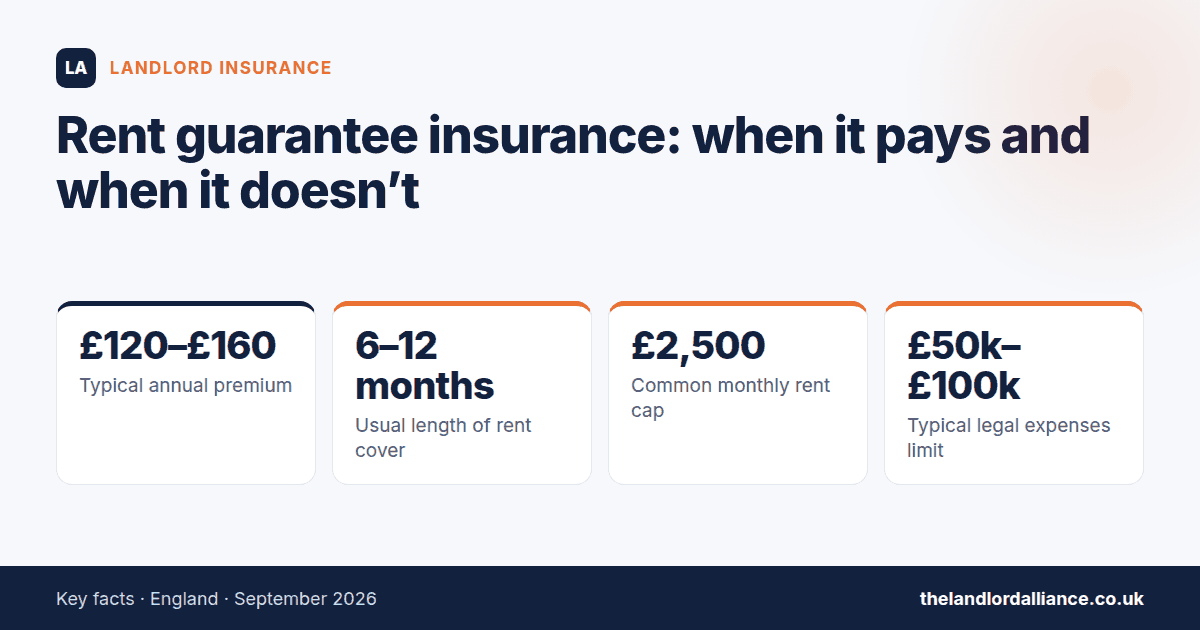 Rent guarantee insurance: when it pays and when it doesn't — key facts: £120–£160 typical annual premium; 6–12 months usual length of rent cover; £2,500 common monthly rent cap; £50k–£100k typical legal expenses limit