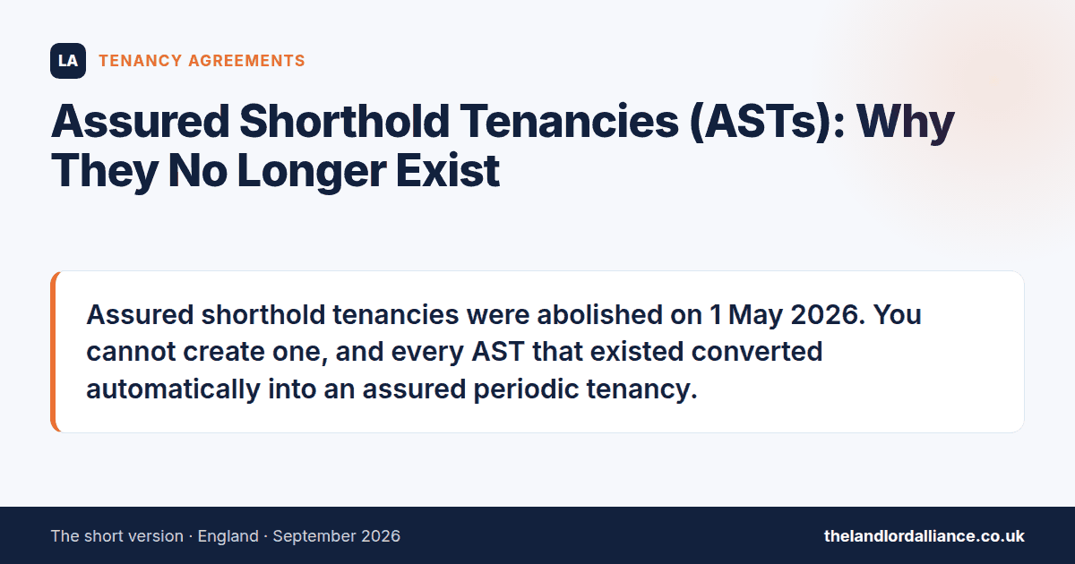 Assured Shorthold Tenancies (ASTs): Why They No Longer Exist: Assured shorthold tenancies were abolished on 1 May 2026.