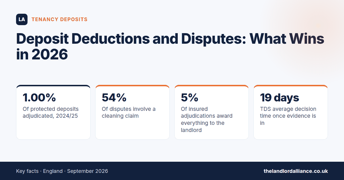 Deposit Deductions and Disputes: What Wins in 2026 — key facts: 1.00% of protected deposits adjudicated, 2024/25; 54% of disputes involve a cleaning claim; 5% of insured adjudications award everything to the landlord; 19 days tDS…