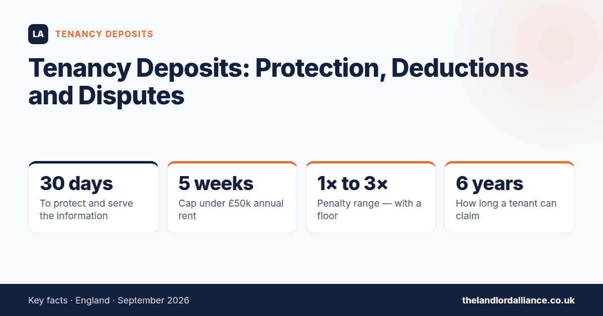 Tenancy Deposits: Protection, Deductions and Disputes — key facts: 30 days to protect and serve the information; 5 weeks cap under £50k annual rent; 1× to 3× penalty range — with a floor; 6 years how long a tenant can claim