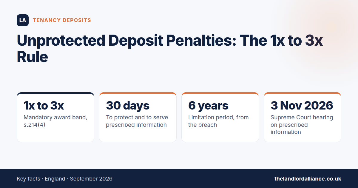 Unprotected Deposit Penalties: The 1x to 3x Rule — key facts: 1x to 3x mandatory award band, s.214(4); 30 days to protect and to serve prescribed information; 6 years limitation period, from the breach; 3 Nov 2026 supreme Court hearing…