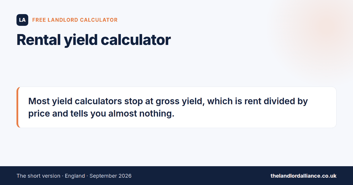 Rental yield calculator: Most yield calculators stop at gross yield, which is rent divided by price and tells you almost nothing.