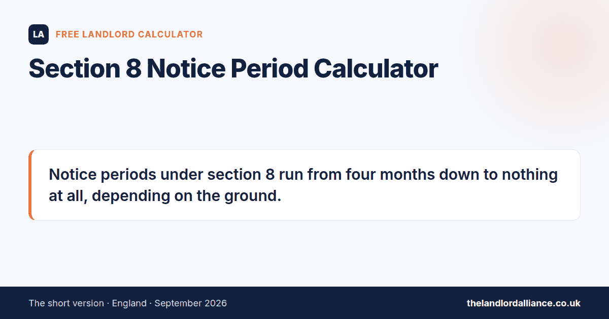 Section 8 Notice Period Calculator: Notice periods under section 8 run from four months down to nothing at all, depending on the ground.